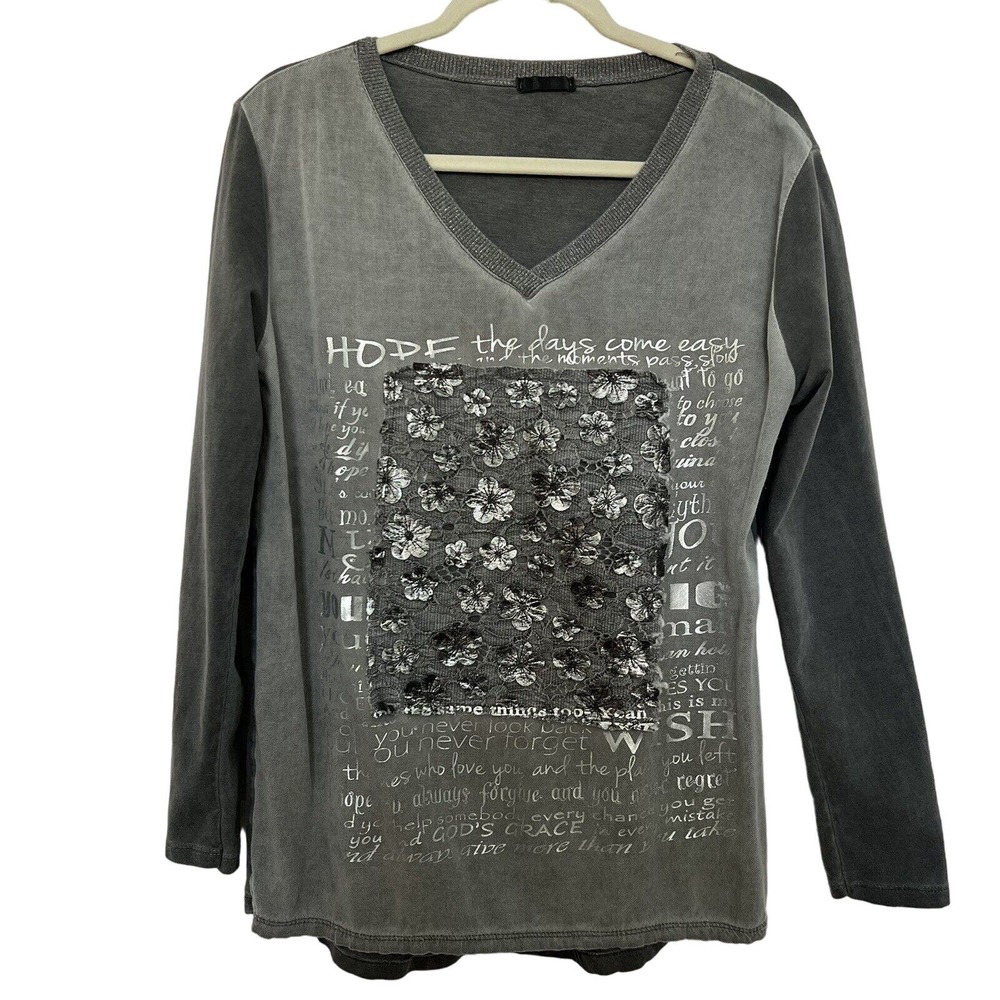 Made In Italy Gray V-Neck Graphic Print Floral Raised 3D Flowers Top LS - Medium